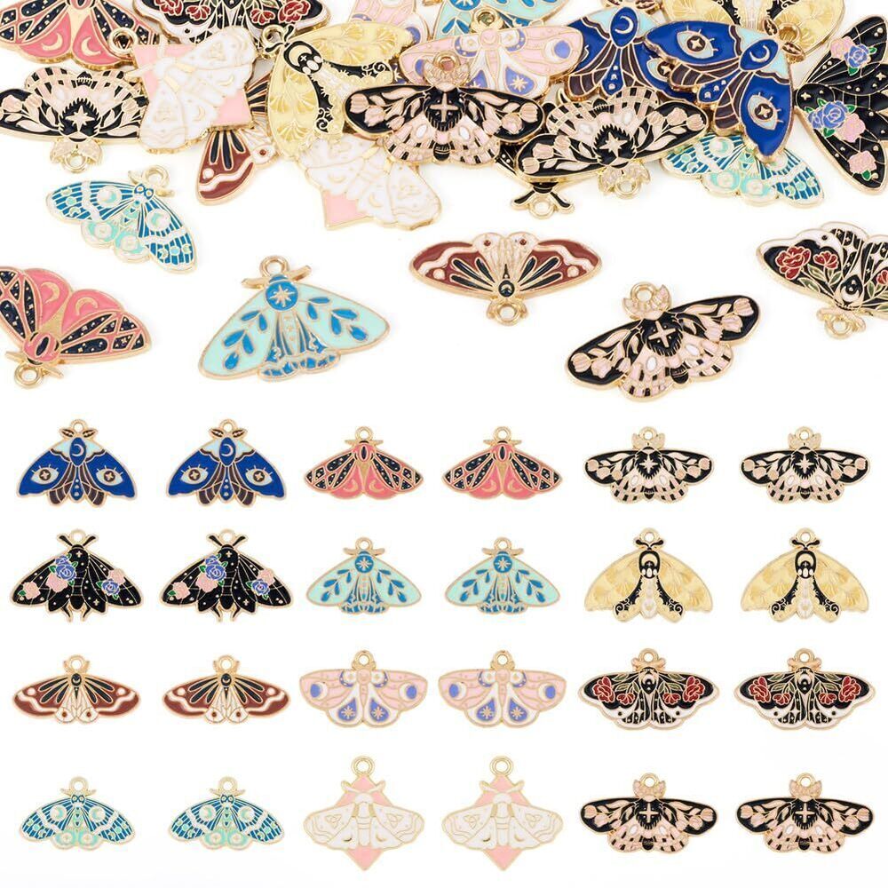 6566 24Pcs Alloy Enamel Butterfly Moth Pendants Golden Plated Butterfly